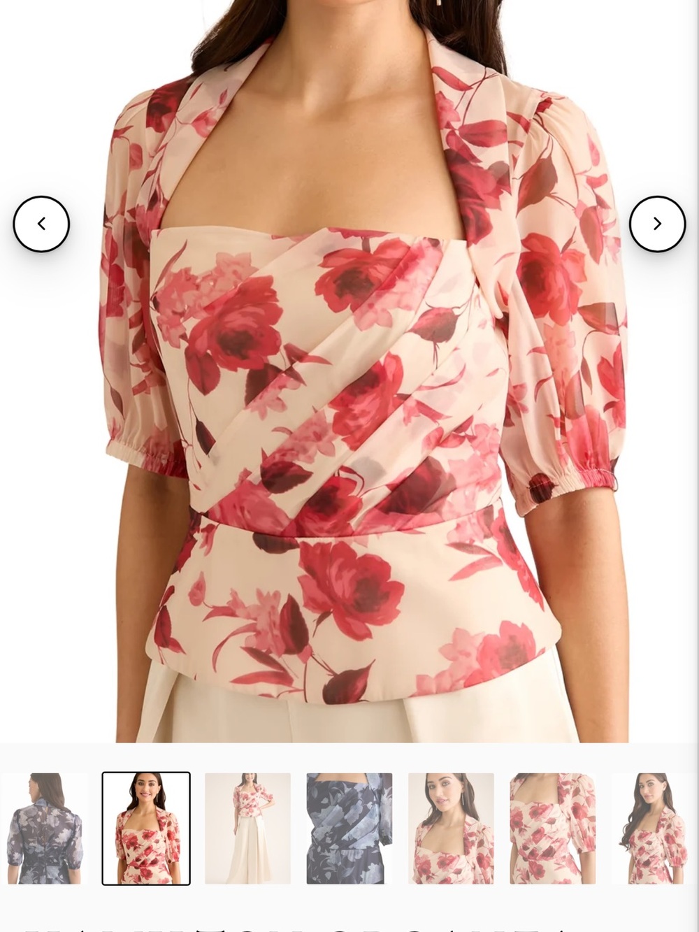 Muse Cream and Pink Floral Wrap Peplum Top with Puff Sleeves
